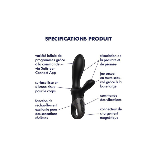 Vibromasseur rabbit noir USB, chauffant et connecté Heat Climax+  Satisfyer 
